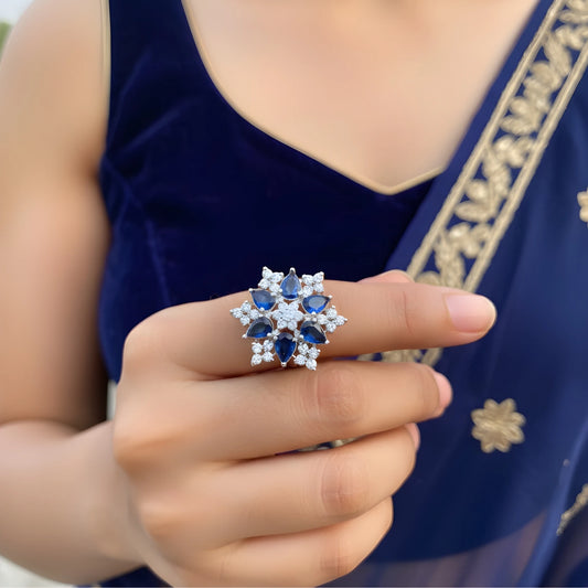 American Diamond Floral Statement Royal blue ring.