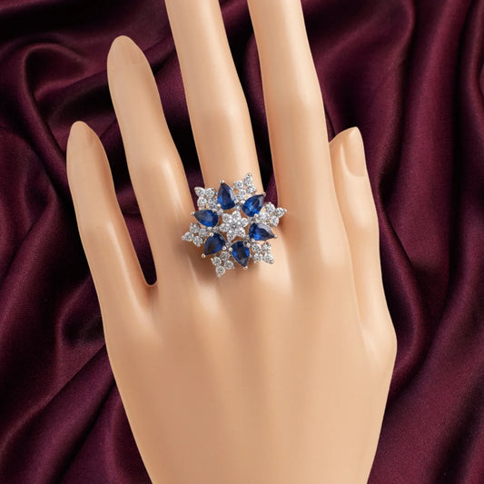 American Diamond Floral Statement Royal blue ring.
