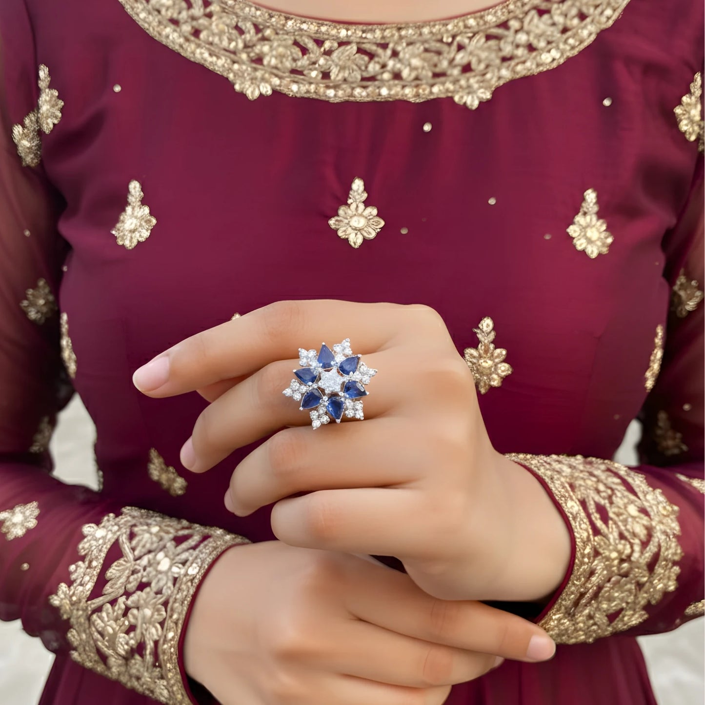 American Diamond Floral Statement Royal blue ring.