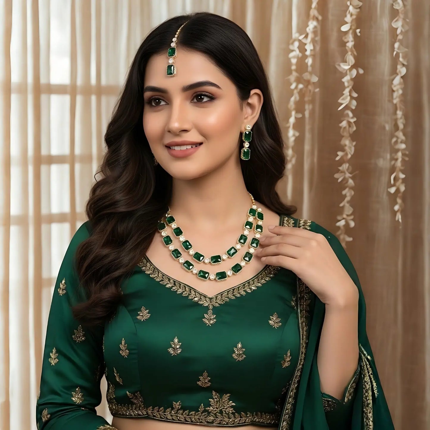 Bridal Necklace set of Emerald Green, Two layers
