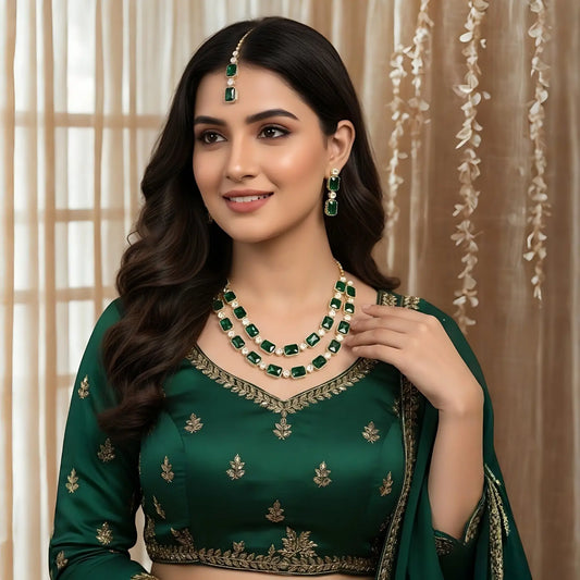 Bridal Necklace set of Emerald Green, Two layers
