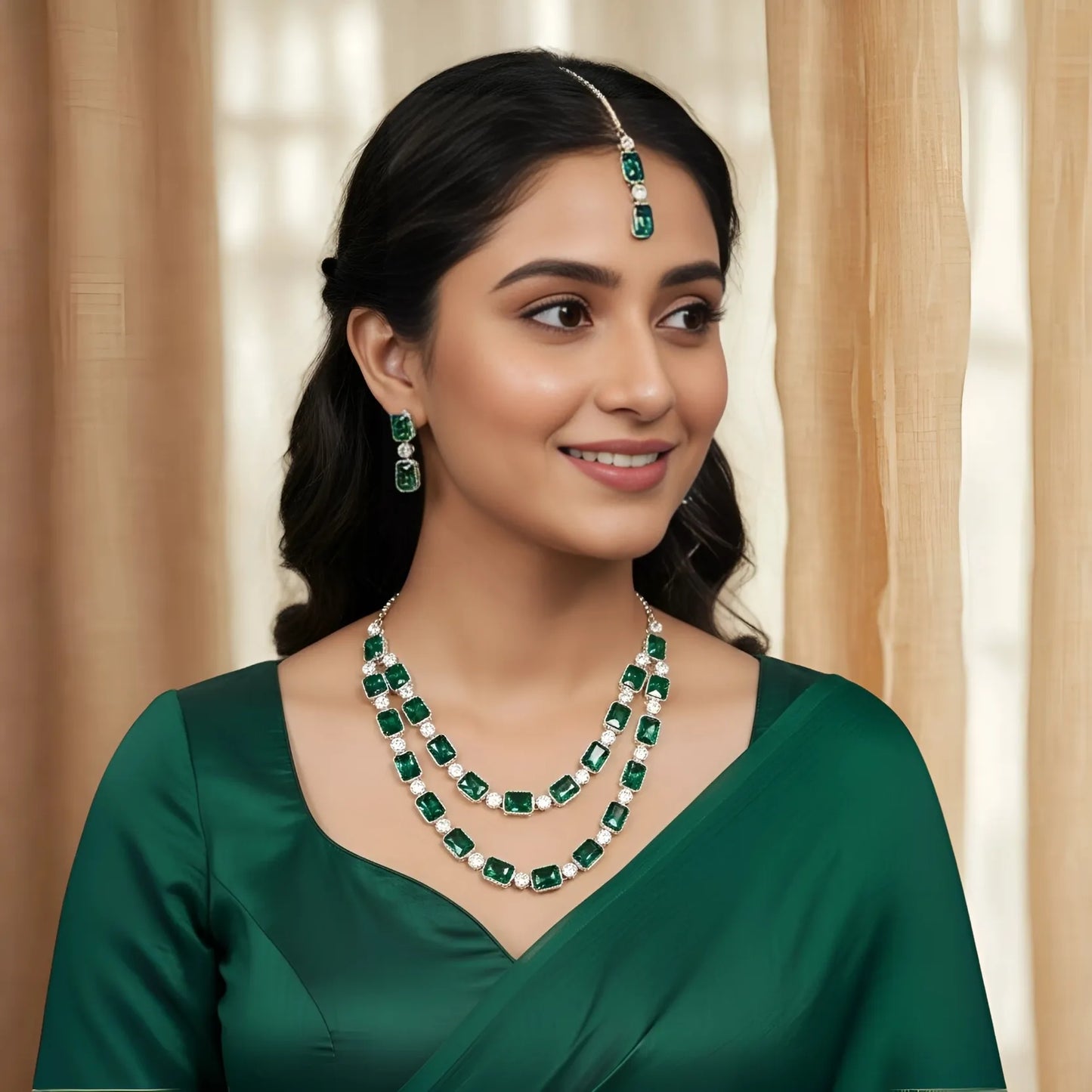 Bridal Necklace set of Emerald Green, Two layers