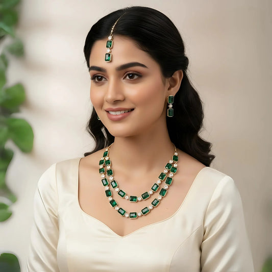 Bridal Necklace set of Emerald Green, Two layers