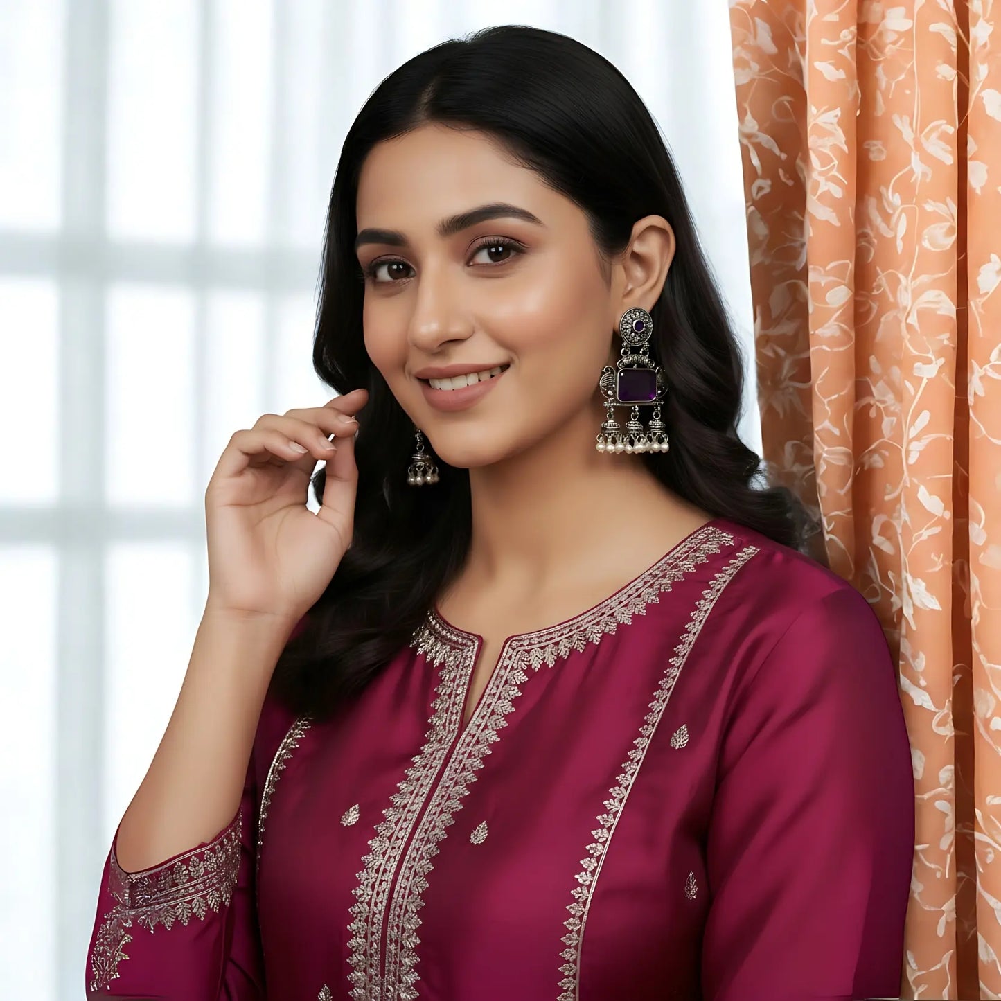 Vintage Oxidised Silver-Tone Purple Jhumka Earrings.