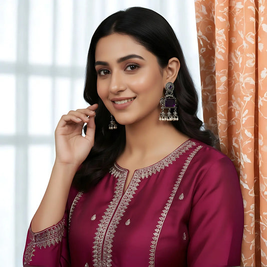 Vintage Oxidised Silver-Tone Purple Jhumka Earrings.