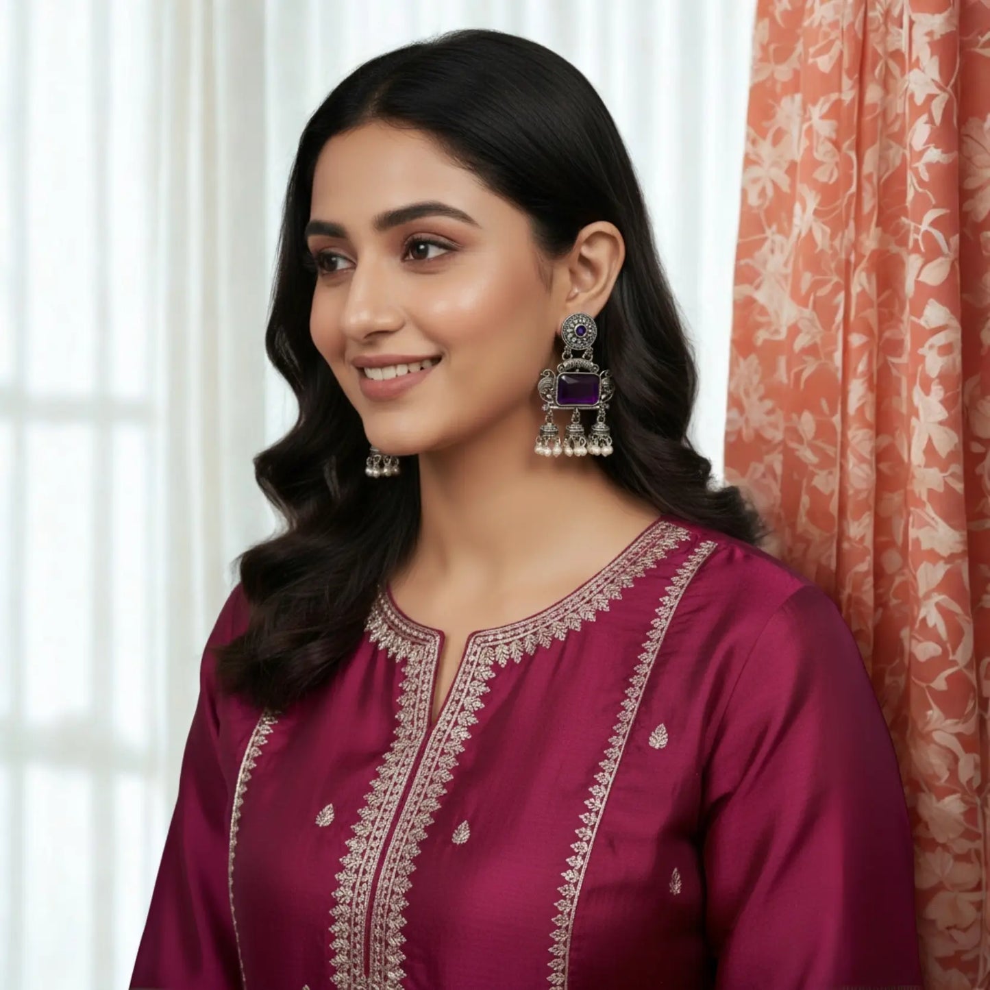 Vintage Oxidised Silver-Tone Purple Jhumka Earrings.