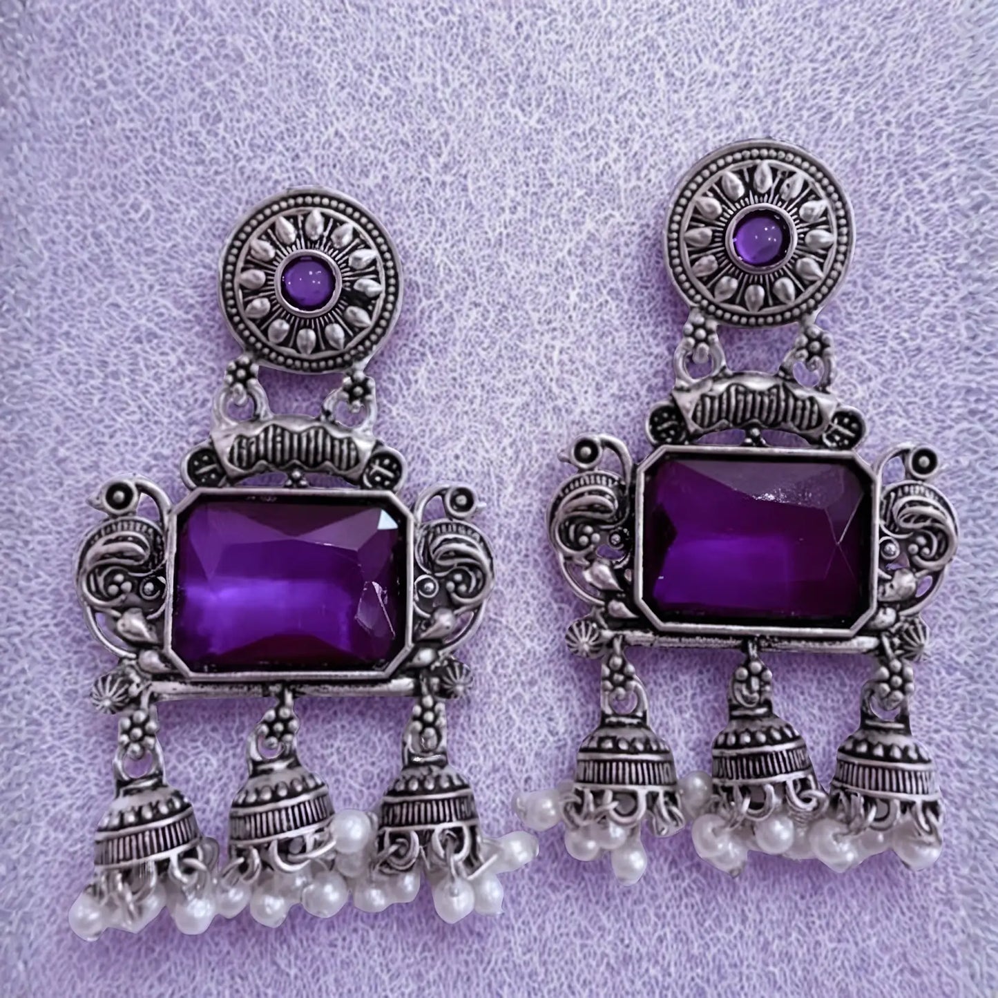 Vintage Oxidised Silver-Tone Purple Jhumka Earrings.