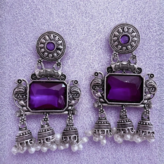 Vintage Oxidised Silver-Tone Purple Jhumka Earrings.